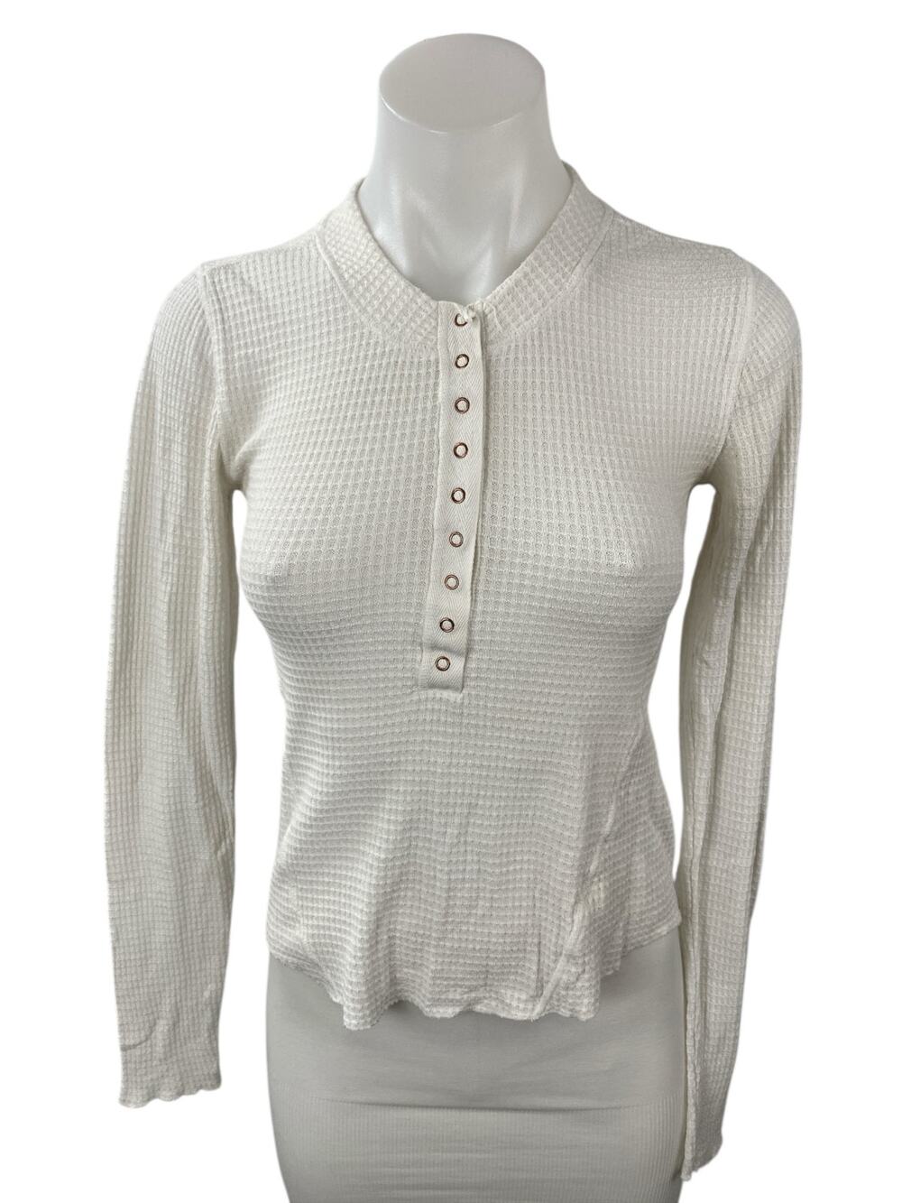 Free People Intimately Women's White Waffle Knit Long Sleeve Henley T Shrt Top S
